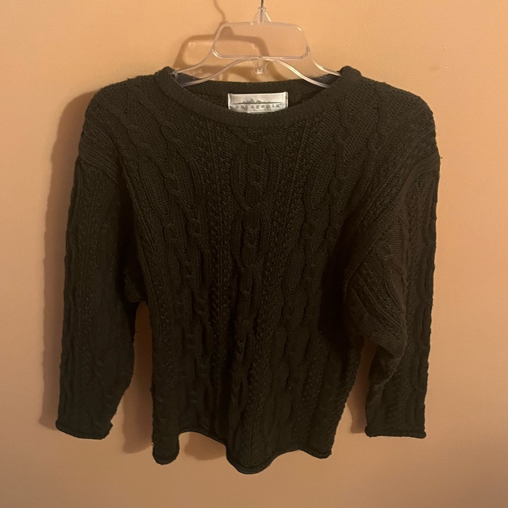 LAST CHANCE|Patagonia Vintage Made in USA wool cableknit olive fisherman sweater